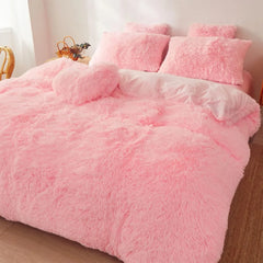 Fluffy Faux Fur Pink Comforter Cover Set Queen - Ultra Soft Plush Pink Bedding Sets 3 Pieces (1 Fluffy Cover Duvet Cover Set