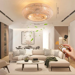 Boho Bamboo Light Farmhouse Caged Ceiling Fan Lights Rustic Fandelier with Remote 20 inch Living Room Bedroom Ceiling Fan Lamp