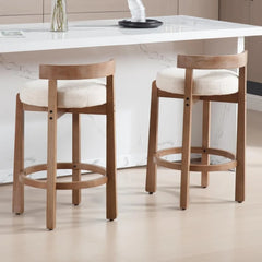 Mid Century Modern Bar Stools Set of 2, Counter Stools with Back, Linen Upholstered Barstools with Solid Wood Legs Bar Chairs