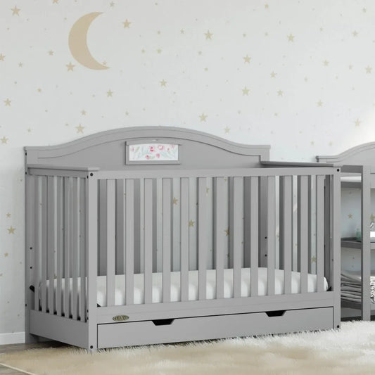 5-in-1 Convertible Baby Crib with Drawer and Reversible Headboard, Pebble Gray