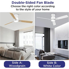 52-Inch Low Profile Ceiling Fans with Lights and Remote, Flush Mount, Night Light Feature, 3 Dual Finish Blades