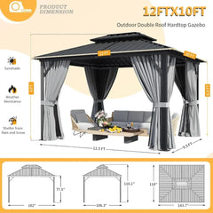 10X12 Hardtop Gazebo, Outdoor Aluminum Gazebo with Galvanized Steel Double Roof, Permanent Metal Pavilion with Netting, Curtains