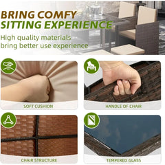 9 Pieces Patio Dining Sets Outdoor Conversation Sets, Space Saving Wicker Chairs with Glass Table and Ottomans,Cushioned Seating
