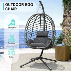 Indoor Outdoor Hanging Egg Chair with Stand, Patio Wicker Hammock Egg Swing Chair with Cushion for Bedroom Garden