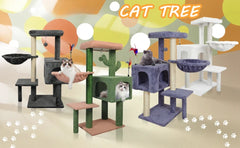 Multifunction Cat Tree with Cozy Hammock & Hanging Ball, Cat Tower with Activity Cat Condo Jute-Covered Scratching Posts, Grey
