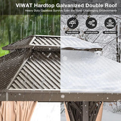 10x12 FT Hardtop Gazebo with Aluminum Frame, Galvanized Steel Double Roof Gazebo with Nettings and Curtains, Permanent Outdoor