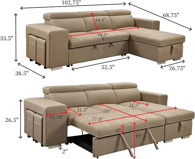 Microfiber Sectional Sleeper Sofa with Pull-Out Bed, Adjustable Headrests & Storage