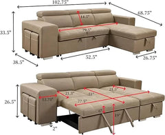 Microfiber Sectional Sleeper Sofa with Pull-Out Bed, Adjustable Headrests & Storage