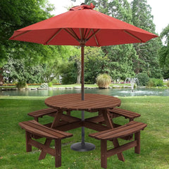 6 Person Outdoor Picnic Table, Round Picnic Table with 3 Built-in Benches, Umbrella Hole,Outside Wood Picnic Table and Bench Set