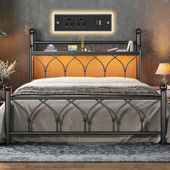 EnHomee Queen Bed Frame with Headboard, Metal Bed Frame Queen Size with LED Lights and Power Outlets, Heavy Duty Steel Slats Sup