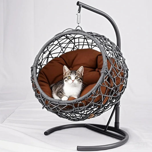 Cat Swing Bed with Stand & Cushion - Rattan Wicker Egg Chair Hanging Pet Bed for Cats, Small Dogs, and AnimalsKey improvements