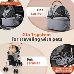 Dog Stroller, Pet Stroller, Cat Stroller – Zipperless Entry, Easy Fold with Removable Liner, Storage Basket + Cup Holder (Gray)