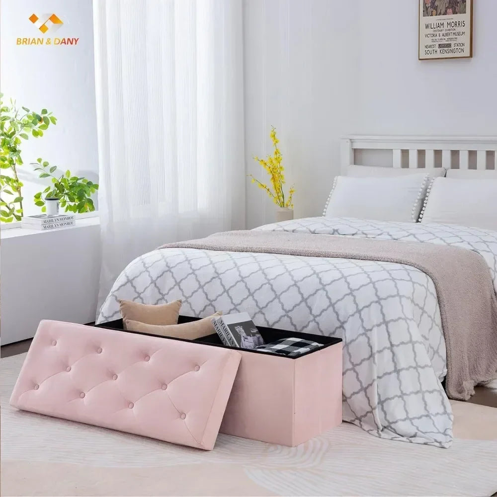 43" Folding Velvet Storage Ottoman Bench – Pink, Multi-Functional Footrest & Shoe Bench