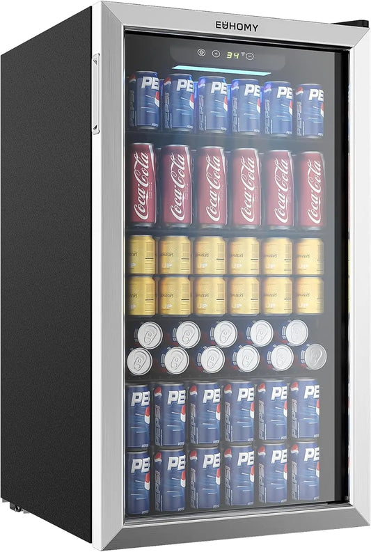 Beverage Refrigerator and Cooler, 126 Can Mini fridge with Glass Door, Small Refrigerator with Adjustable Shelves