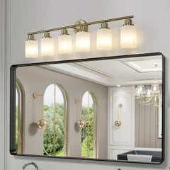 39" Modern 6-Light Vanity Wall Light Sconce for Bathroom Golden Finish Frosted Glass Shades Bathroom Lighting Fixture No Bulbs