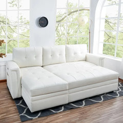 Sofa Bed with USB Ports, L-Shaped Convertible Pull-Out Couch with Reversible Chaise & Storage, Air Leather