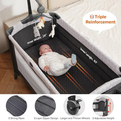 home.4 in 1 Wide Baby Bassinet Bedside with Diaper Changer,Long Next to Bed Crib with Mattress,Sheet,Music and Blackout