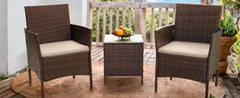 Patio Furniture Set 3 Pieces All-Weather Rattan Outdoor Furniture Patio Chairs with Tempered Glass Table (Brown/Cream)