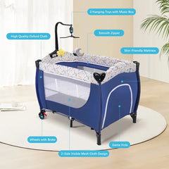 Minikid Baby Playard with Bassinet,Unisex Playpen Include Music Box and Hanging Toys,Portable Crib for Newborn to Toddlers,Blue