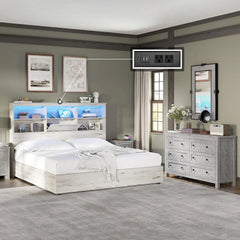 2-Piece Bedroom Set, Queen Bed Frame and 6 Drawer Dresser, Platform Bed with 51.2" LED Bookcase Headboard & 4 Under-Bed Drawers