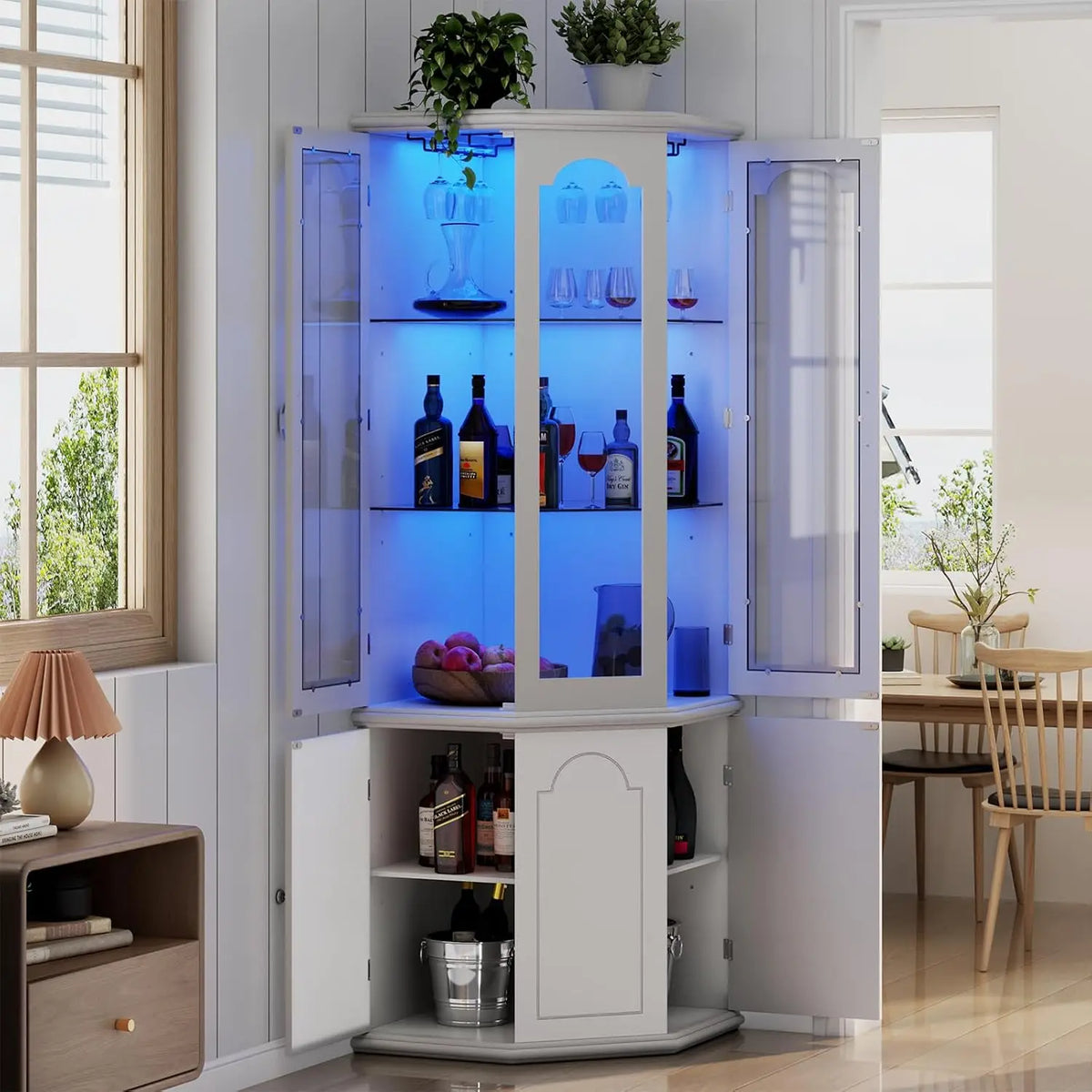 Corner Bar Cabinet w/LED Lights, Tall Modern Wine Cabinet with Tempered Glass Door & Adjustable Shelves, Home Bar Liquor Storage