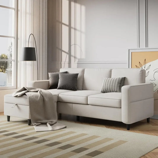 Sectional Sofa Couches for Living Room - 78'' Beige 3 Seat L-Shaped Couch , Modern Linen Convertible Sectionals Sofas