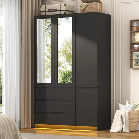 3 Doors Armoire Wardrobe Closet with 3 Drawers & Mirror, Modern Wooden Bedroom Armoires with Hanging Rod Led Lights for Bedroom,