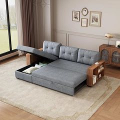 Pull-Out Couch with Storage Chaise and Armrests, Convertible Sectional Sleeper Sofa Bed with Removable Back Cushions