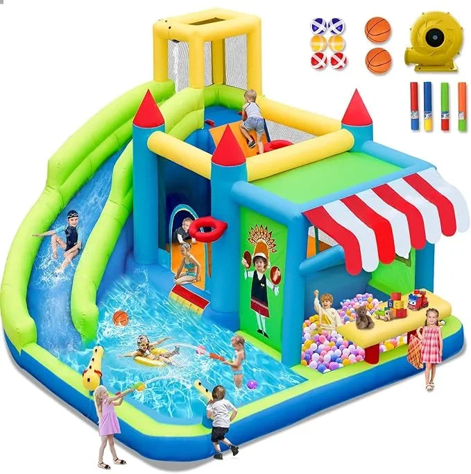 Inflatable Bounce House Water Slide, Bounce House for Kids with Toy Market Stand Splash Pool Bouncer Climbing Wall Water Gun