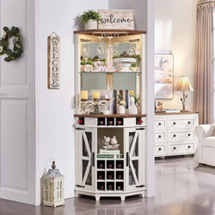 Corner Bar Storage Cabinet, Barn Door & Adjustable Shelf, Home Bar Cabinet w/LED Light & Glass Rack, 72" Tall Wine Bar Cabinet