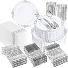 700PCS Plastic Disposable Tableware Set for 100 Guest - 200 Disposable Plates, 300 Plastic Silverware, 100 Cups, 100 Napkins