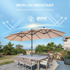 Double Sided Patio Umbrellas - 13ft Solar Lights LED Lighted Outdoor Extra Large Market Table Umbrella with Base Included