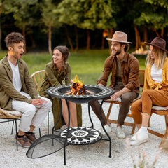 30" Wood Burning Fire Pit & Outdoor Ice Bucket Side Table, Steel, Lid, Mosaic