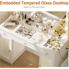 Vanity Makeup Desk with Mirror and Lights, Glass Top Vanity with 3 Color Lighting Modes & Power Outlet, Dressers for Bedroom