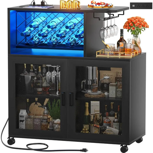 Wine Bar Cabinet with Wheels, Small Liquor Cabinet with LED Light, Coffee Bar with Wine Rack, Home Bar Cart with Power Outlets