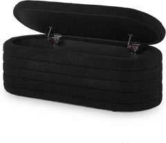 Modern Oval Storage Ottoman Bench – Upholstered Boucle Teddy Fabric with Hidden Storage, Black