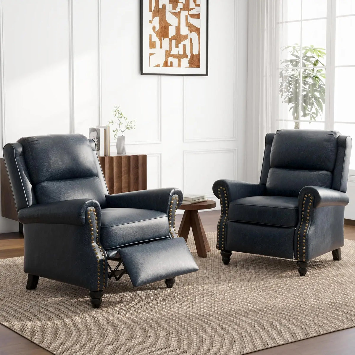 Pushback Recliner Chairs, Faux Leather Armchair Push Back Accent Chair, Rivet Trim Club Chair Home Theater Overstuffed