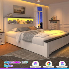 EnHomee Queen Bed Frame with Headboard and Storage, 4 Drawers & LED & USB Bed Frame Queen Size with Storage Farmhouse, Built in