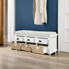 Storage Bench with 3 Drawers, 3 Rattan Baskets and Removable Cushion for Entryway, Shoe Bench End of Bed Bench 3-Cube