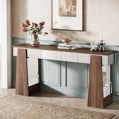 Mirrored Console Table, Farmhouse Entryway Table with Thickened Legs, 63-Inch Narrow Long Behind Couch Sofa Table