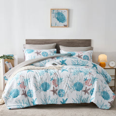 7 Piece Bed In A Bag Bed Comforter Set Queen, Fashion Starfish Coral Print, Boho Print Comforter And Sheet, Pillowcase Set,