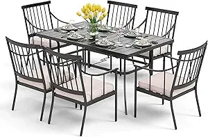 7 Piece Patio Dining Table Set with Cushion, Large Rectangular Metal Dining Table with Umbrella Hole & 6 Cushioned Iron Chairs