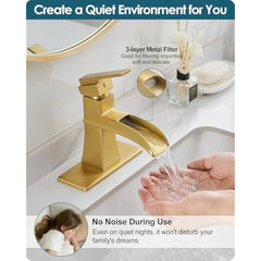 Gold Bathroom Sink Faucet 1 Hole, Brass Waterfall Faucet for Bathroom Sink, Gold Pop up Drain with Anti-Clogging Removable Stop