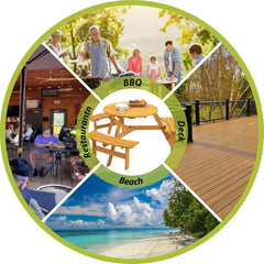 6 Person Outdoor Picnic Table, Round Picnic Table with 3 Built-in Benches, Umbrella Hole,Outside Wood Picnic Table and Bench Set