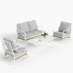 4 Piece Metal Outdoor Patio Furniture Set, Patio Conversation Sets 2-Seater Sofa, 2 Single Sofa and Coffee Table
