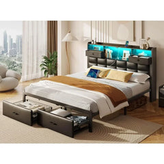 Queen Size Bed Frame with Drawers & Charging Station, Upholstered Platform Bed with LED Storage Headboard