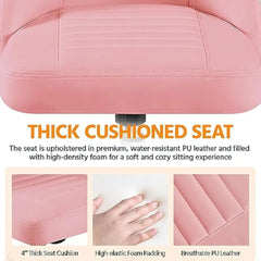Mid Back PU Leather Armless Desk Office Chair, Modern Comfy Vanity Chair with Rolling Wheels, Metal Base Pink