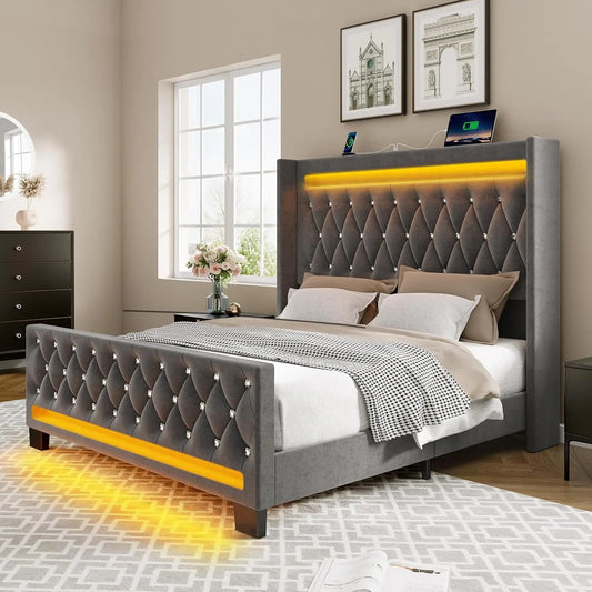 Queen Bed Frame with LED Light and Charging Station, Upholstered High Headboard and Footboard, Wood Slats, Noise Free, Grey