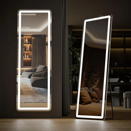 64"x21" Mirror Full Length Standing Mirror with LED Lights, Lighted Floor Mirror with Stand, w/Dimming & 3 Color Lighting,