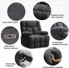 Oversized Power Recliner Chairs for Adults, Electric Reclining Chairs, Soft Fabric Overstuffed Single Recliners Chair ，Grey